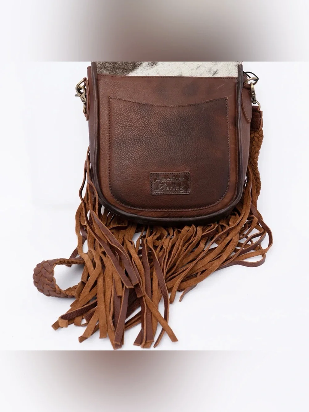 Western Fringe Crossbody Bag with Cowhide Flap - Brown & White - Picture 6 of 6